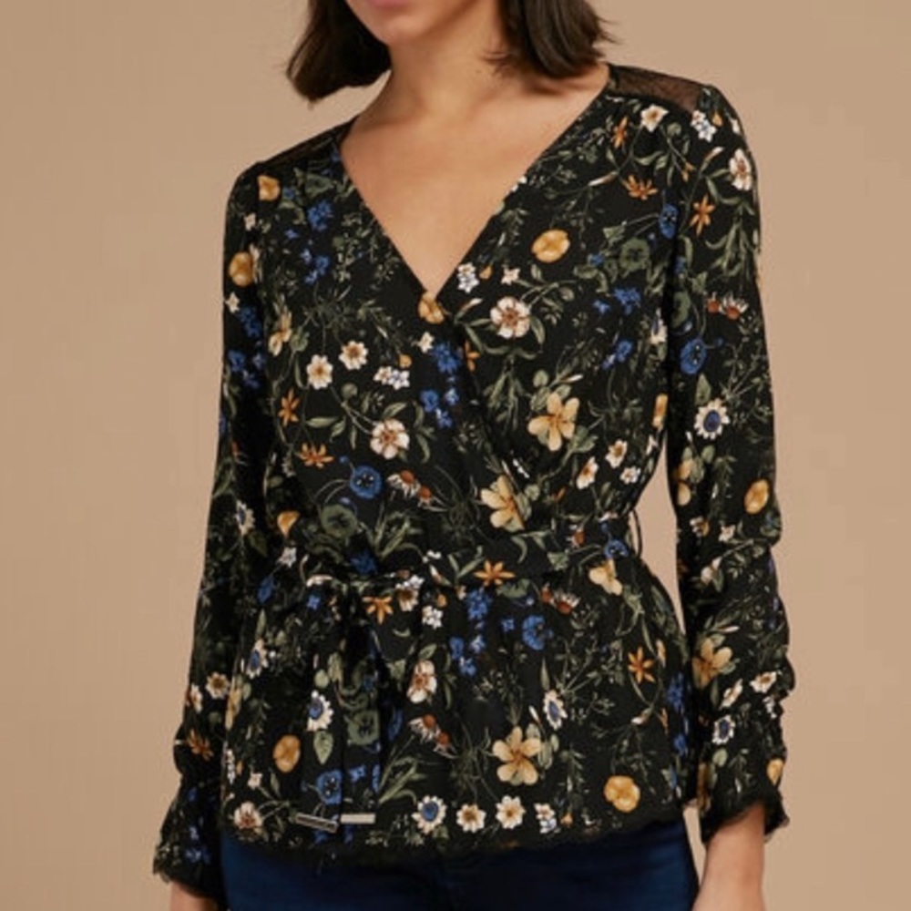 🆕 New DEX Dijon Blue Black Faux Wrap Floral Blouse w/ Mesh Swiss Dot Back XS